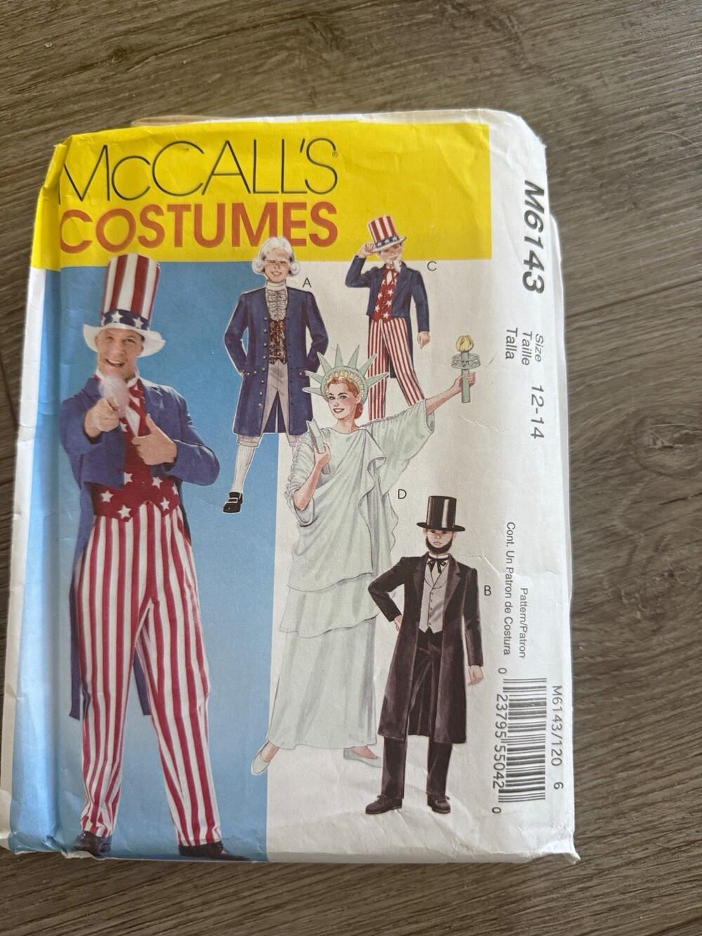 McCall's Costumes Sewing Pattern M6143 Uncle Sam Statue of Liberty Lincoln 12-14